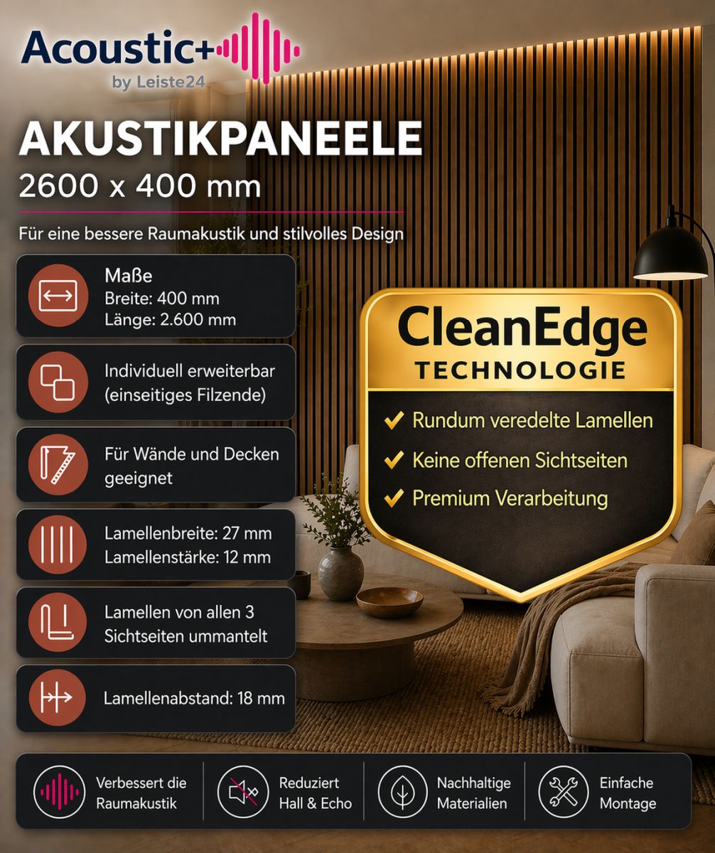 Acoustic+ Premium Akustikpaneel Eiche lackiert 2600 x 400 mm - Akustikfilz Schwarz
