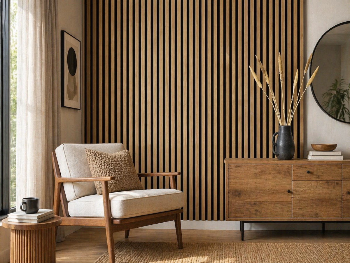 Acoustic+ Akustikpaneel Eiche Natur 2600 x 400 mm - Akustikfilz Schwarz