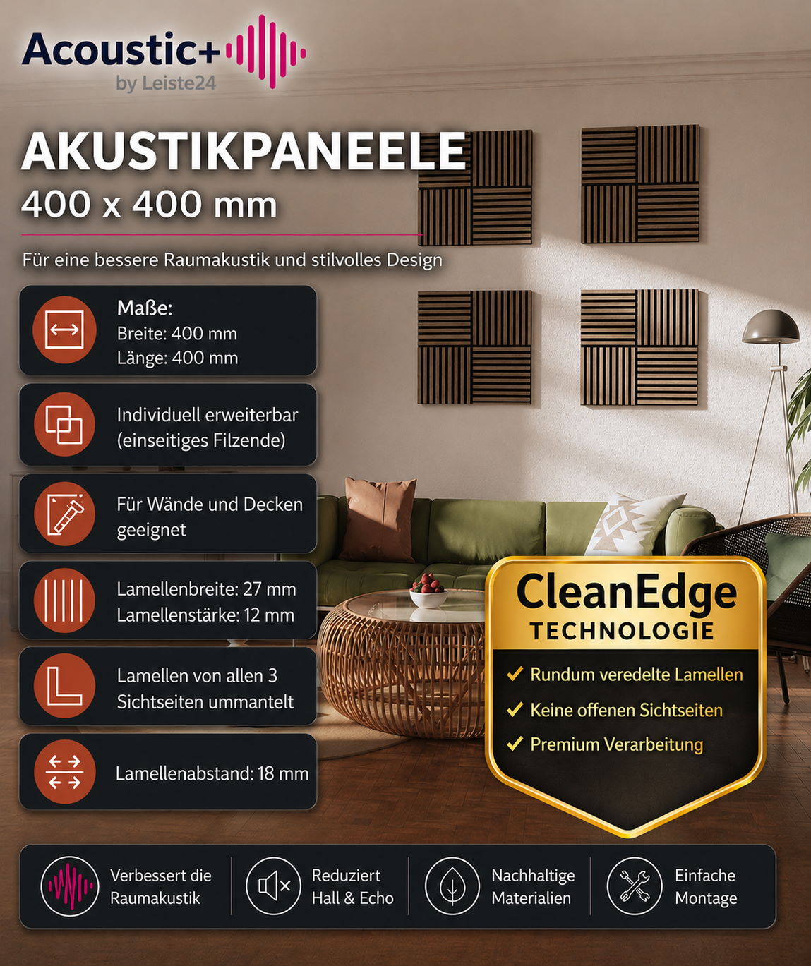 Acoustic+ Akustikpaneel Eiche Dunkel 400 x 400 mm - Akustikfilz Schwarz