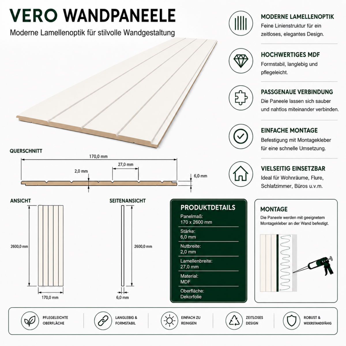 VERO Wandpaneel Weiß 17 x 260 cm | Moderne MDF Wandverkleidung