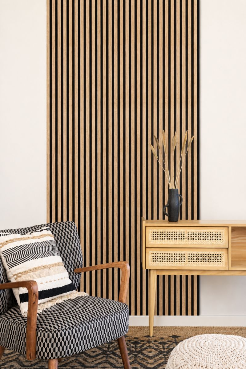 Acoustic+ Akustikpaneel Eiche Natur 2600 x 400 mm - Akustikfilz Schwarz
